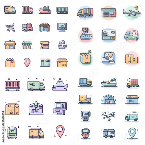 Colorful logistics and shipping icon set featuring trucks, planes, containers, parcels, and tracking. Perfect for delivery apps, warehouses, and e-commerce sites.

