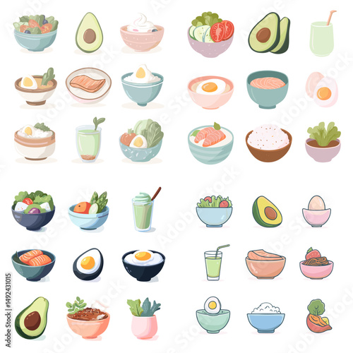 Flat style icons of healthy meals, salad bowls, smoothies, avocado, and eggs. Perfect for diet, clean eating, nutrition, and modern lifestyle design.

