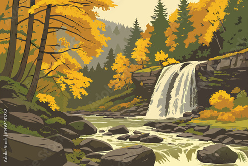 141 stunning waterfall in autumn forest,flowing water cascading over rocks,vibrant fall foliage surrounding waterfall,dramatic natural scenery with rocky stream,beautiful wilderness landscape with cas