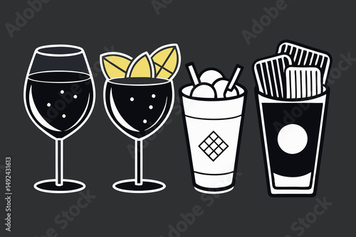Illustration of two cocktails and two cups on a gray background