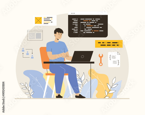 Software development. Coding, backend engineering or programming. Flat vector illustration.	
