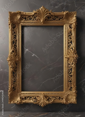 Intricate gold frame on marble; ornate details , marble, rich, gold