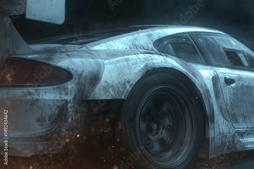 Close-up of a endurance racing car after hours of racing