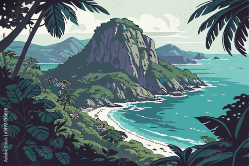 142 dramatic rocky island in turquoise ocean, lush foliage, tropical landscape, dramatic lighting, highly detailed, cinematic, photorealistic