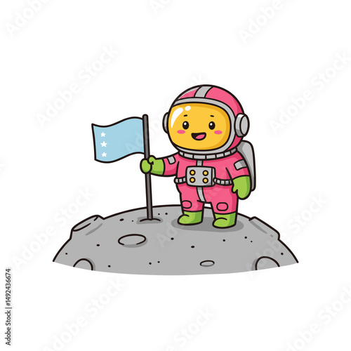 Happy cartoon-style astronaut chilling on the moon, holding a colorful toy satellite with excitement.