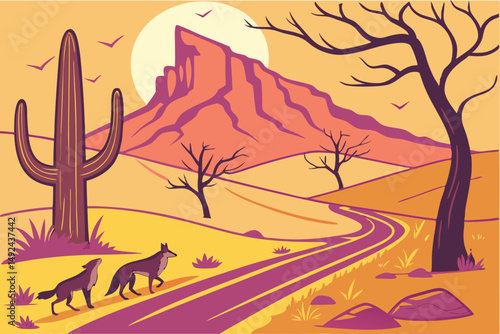 143 desert landscape, desert road, desert mountain, dead trees, flowering plants, cactus, wildlife, coyotes, hawks, digital art, vibrant colors, dramatic lighting, adobe, southwest, fantasy, atmospher