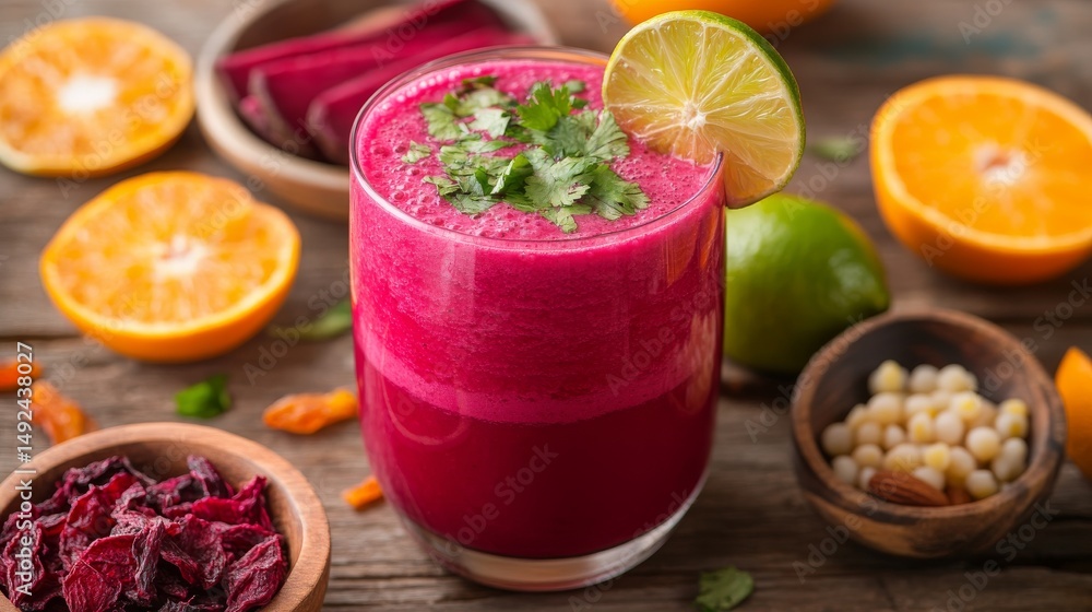 A glass of fresh beet juice with slices of lime A glass of fresh beet juice with slices of lime