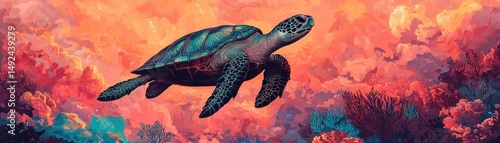 A majestic sea turtle glides through vibrant coral reefs with brilliant colors.