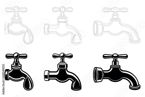Illustration of water faucet in black and white on a white background