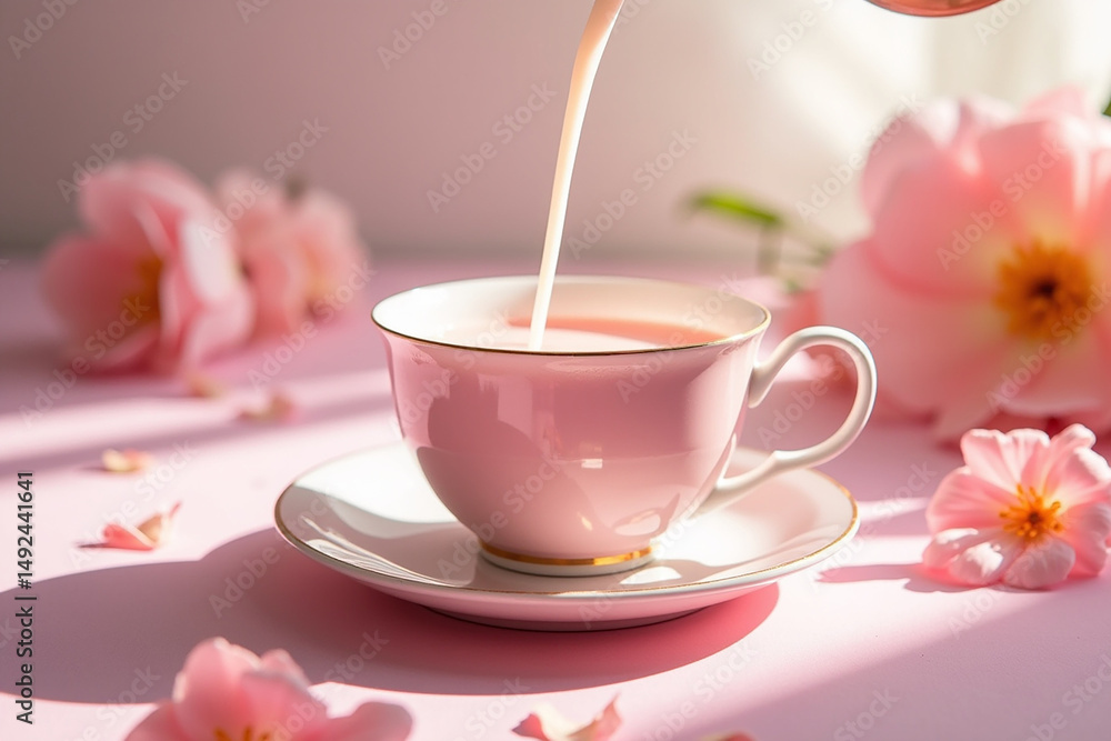 Fototapeta premium Elegant cup with pouring pink Ayurvedic drink made from shatavari, rose petals, almond milk, cardamom, soft pastel floral background, feminine healing wellness theme with natural light