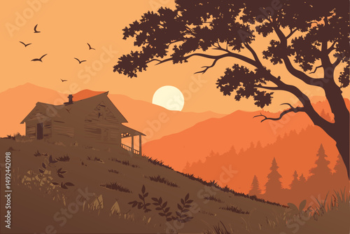 145 Here is a prompt that may produce similar images using a text-to-image AI like Stable Diffusion dramatic sunset over mountainous landscape, old abandoned hut on grassy hilltop, serene pastoral sce