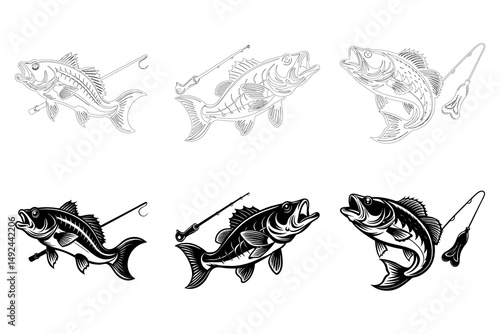 Illustration of a bass fish with a fishing rod on a white background
