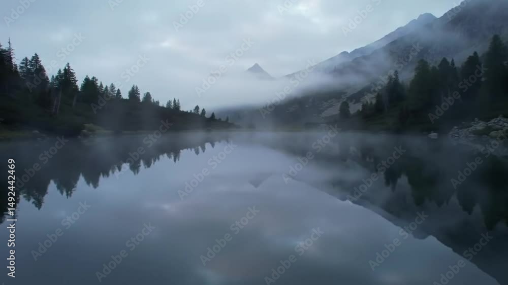 Misty mountain lake tranquil nature scene Misty mountain lake tranquil nature scene