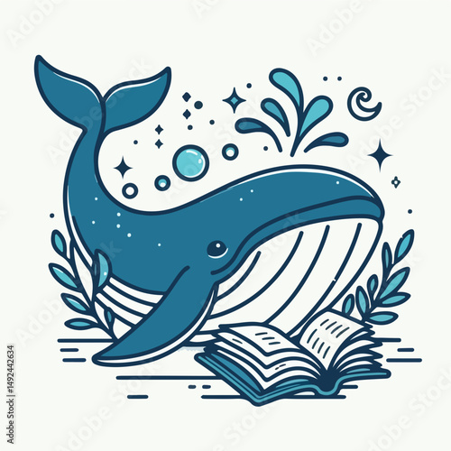 Oceanic Wonder and Wisdom: A whimsical illustration showcasing a friendly whale basking near an open book, symbolizing knowledge and the vastness of the sea