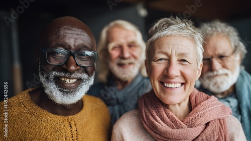 Senior adults group portrait smiling together happy diverse elderly friends community aging friendship lifestyle
