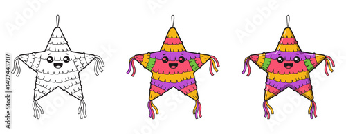 Three variations of a cute star pinata, line art, colored, and a full-color version.