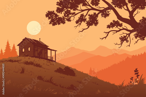 145 Here is a prompt that may produce similar images using a text-to-image AI like Stable Diffusion dramatic sunset over mountainous landscape, old abandoned hut on grassy hilltop, serene pastoral sce