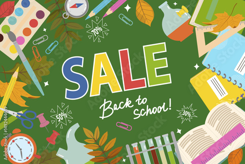 Vector poster sale with school supplies. Back to school sale banner. Web ad template, special offer, discount. Hand drawn