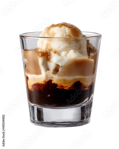 Indulgent Affogato Delight: A refreshing affogato dessert featuring a scoop of creamy ice cream gracefully immersed in a rich, dark shot of hot espresso, creating a delightful harmony of flavors
