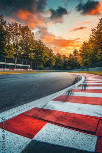 Race Track Curve at Sunrise Dramatic Sky View Low Angle Shot Nürburgring Germany Motorsport Asphalt Surface Trees