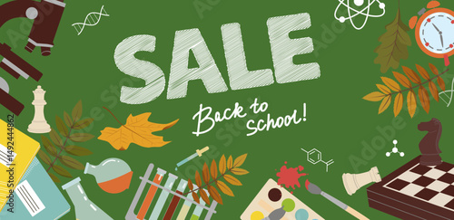 School Supplies Sale Poster. Web Ad Template, Special Offer, Discount. Hand Drawn