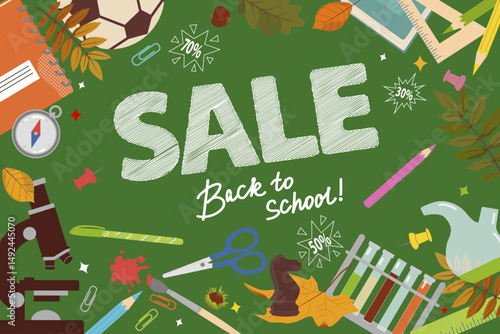 Sale. Back to school sale banner on green background with microscope. Web ad template, special offer, discount. Hand drawn