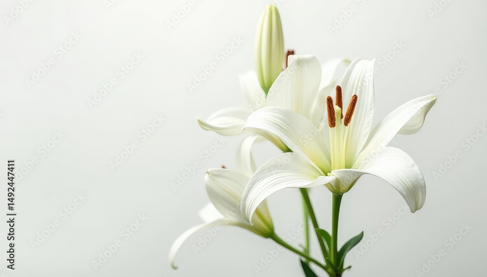 Fototapeta premium Close-up shot of pristine white lilies on stark white backdrop, lily, delicate