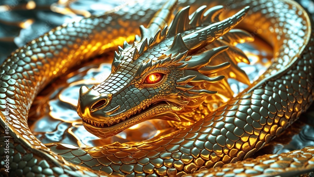 Fototapeta premium Majestic Golden Serpent Dragon Coiled in Shimmering Metallic Scales with Fiery Eyes