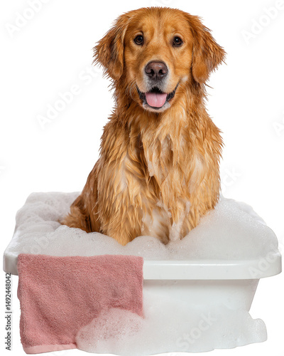 Pampered golden retriever sitting in pet spa tub filled with bubbles, exuding happiness and relaxation. fluffy dog enjoys soothing bath, showcasing its beautiful golden fur