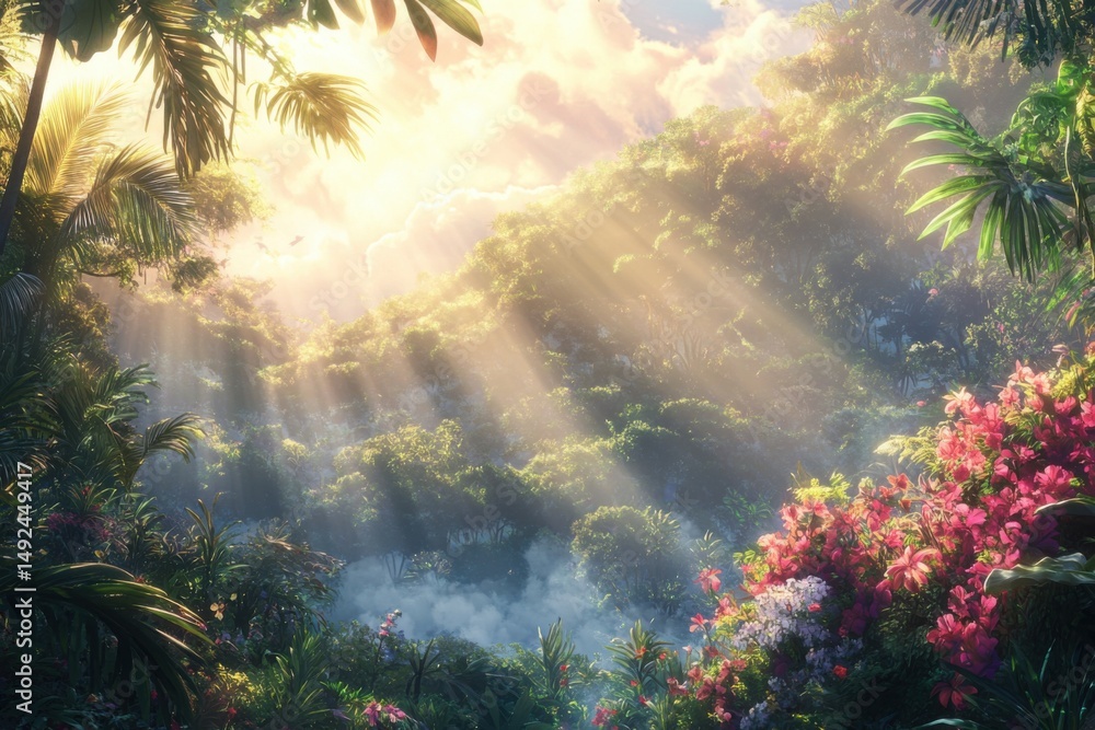 Obraz premium Tropical rainforest canopy with sun rays shining through lush foliage scenic view nature landscape paradise