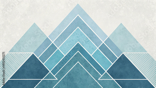 Minimalist geometric mountains with abstract blue peaks and textured snowy design for winter or Nordic style backgrounds.