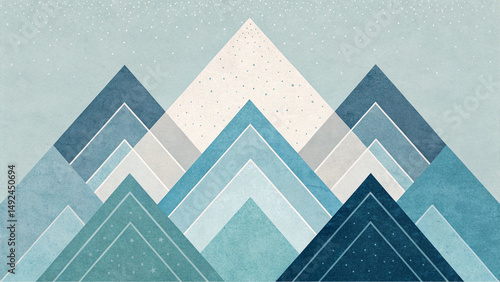 Minimalist geometric mountains with abstract blue peaks and textured snowy design for winter or Nordic style backgrounds.