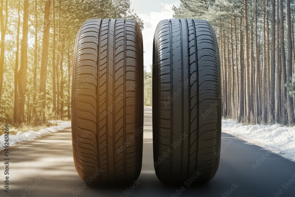 Two Car Tires Standing on Asphalt Road in Winter Forest; Close-up Shot of Automotive Rubber for Vehicle Safety and Performance Two Car Tires Standing on Asphalt Road in Winter Forest; Close-up Shot of Automotive Rubber for Vehicle Safety and Performance