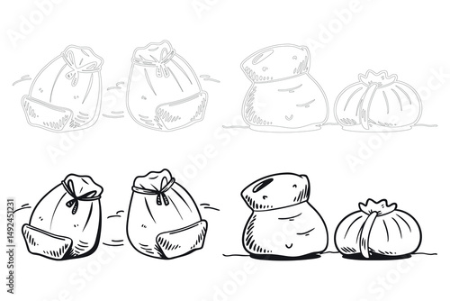 Illustration of various tied bags and sacks on a white background