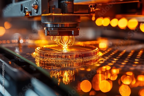 Industrial macro view of 1980s microprocessor production with detailed gold wire bonding, ceramic packaging, and cleanroom lighting reflecting on silicon wafers