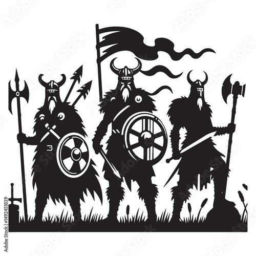 Viking warriors silhouette vector illustration with shields and axes