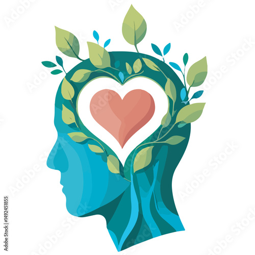 human mind cartoon theme with green leaves, plants and heart symbols in it. Ideal for designs themed eco-friendly mindset, sustainability, love of nature, mental health, awareness and emotional balanc
