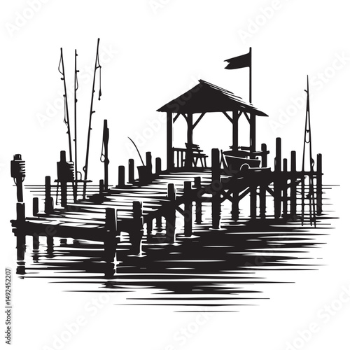 Silhouette fishing pier vector design illustration outdoor leisure art