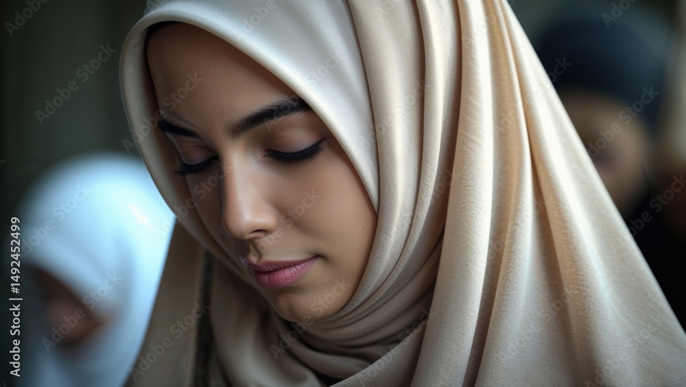 Quiet Moments of Inner Reflection: A Young Woman in a Soft Beige Hijab Quiet Moments of Inner Reflection: A Young Woman in a Soft Beige Hijab
