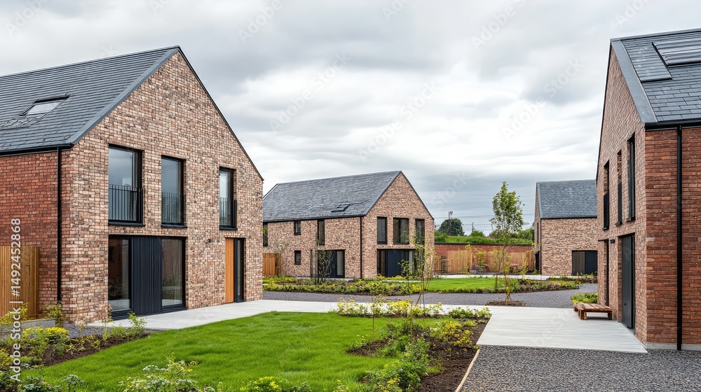 Brick facade townhouses with minimalist design, fresh landscaping, and crisp lines Brick facade townhouses with minimalist design, fresh landscaping, and crisp lines