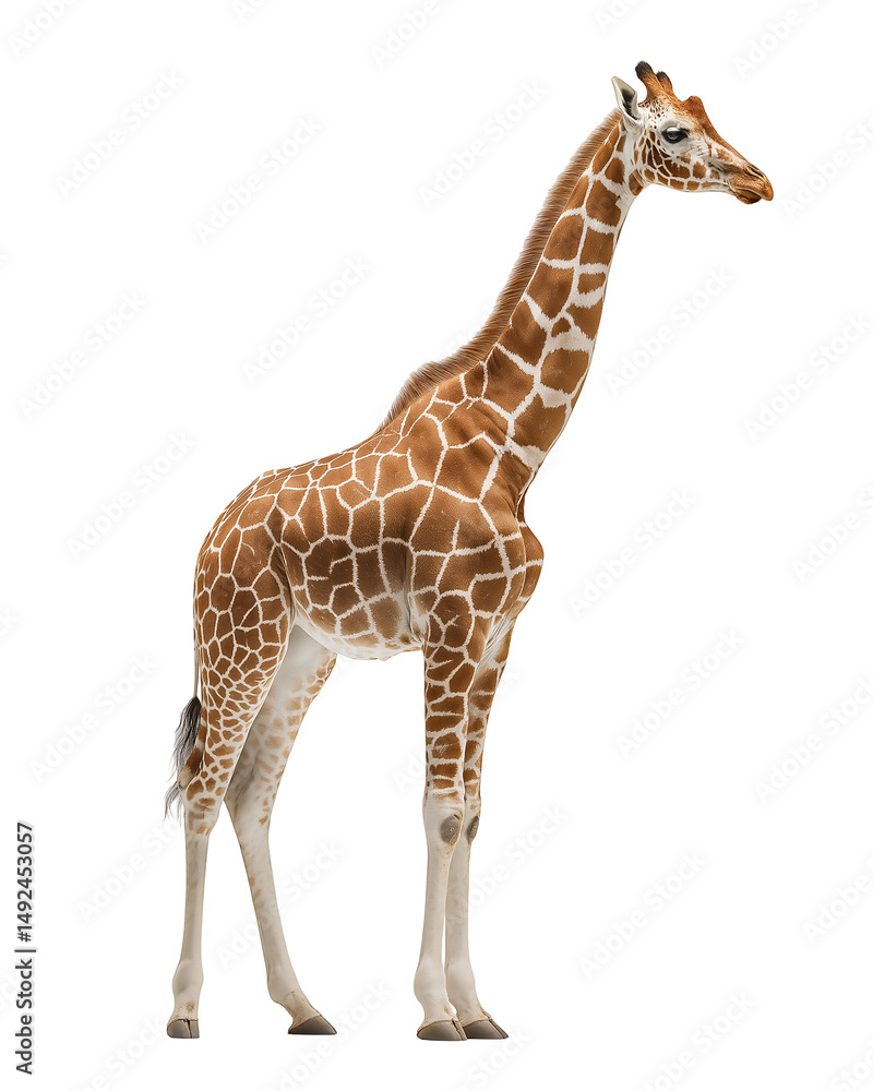 Naklejka premium Elegant Giraffe in Natural Stance: A majestic giraffe, its towering form and unique patterned coat stand out as it stands in the spotlight, its long neck reaching toward the heavens in a natural pose