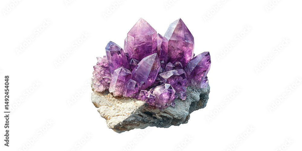 Obraz premium Amethyst Crystal Cluster Rock. Natural Healing And Spiritual Energy Isolated On Transparent Background