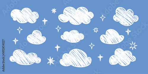 Kid cloud chalk crayon doodle vector - starry skies children room wall decals stickers. Whimsy fluffy silhouettes ragged edges cutouts. Pastel colors imperfect outlines nursery art.