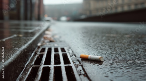 A cigarette lies on a rain-soaked pavement near a street drain, depicting urban litter and highlighting neglect with the backdrop of a blurred city.