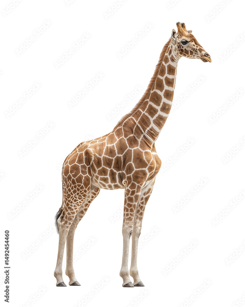 Naklejka premium Giraffe's Elegant Stance: A towering giraffe showcases its unique spotted coat and extraordinary height, standing gracefully and confidently in a photorealistic presentation.