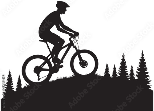 Silhouette Mountain Biker Vector Illustration on Hill with Trees