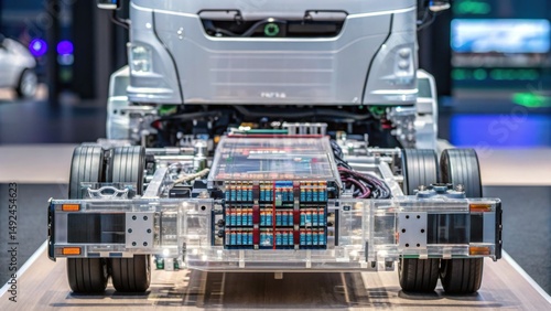 Electric truck chassis with visible battery pack and wiring, displayed at a technology exhibition.