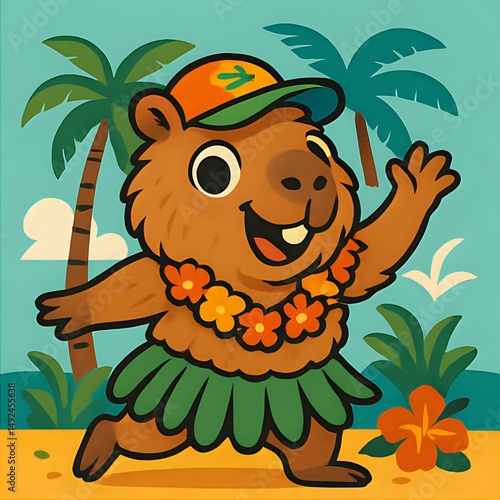 Happy Capybara in Hawaiian Attire on Tropical Beach