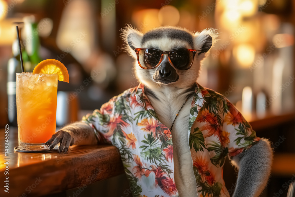 Obraz premium Lemur dressed in hawaiin shirt and sunglasses enjoys refreshing drink at tropical bar, happy vacation in tropical country