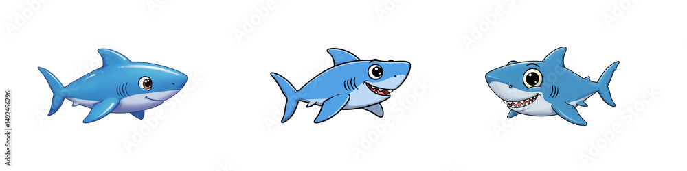 Obraz premium Comical cute shark cartoon, in clean white background, perfect for lighthearted designs, games, or character collections.